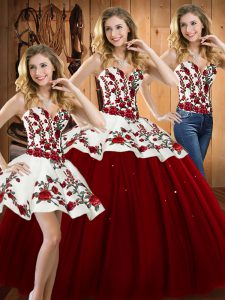 Chic Wine Red Satin and Tulle Lace Up 15th Birthday Dress Sleeveless Floor Length Embroidery