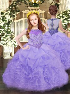 Trendy Lavender Little Girls Pageant Dress Wholesale Party and Quinceanera with Beading and Ruffles and Pick Ups Scoop Sleeveless Zipper
