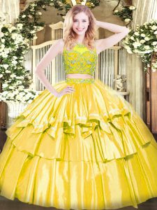 Yellow Tulle Zipper Scoop Sleeveless Floor Length Quince Ball Gowns Beading and Ruffled Layers