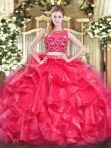 Ideal Beading and Ruffles Sweet 16 Dress Red Zipper Sleeveless Floor Length