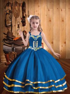 Stylish Straps Sleeveless Little Girls Pageant Dress Floor Length Embroidery and Ruffled Layers Blue Organza