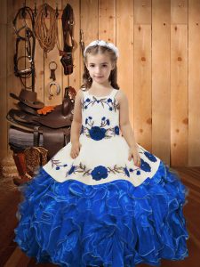Luxurious Blue Lace Up Straps Embroidery and Ruffles Little Girls Pageant Dress Wholesale Organza Sleeveless