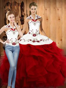 Embroidery and Ruffles Sweet 16 Dresses Wine Red Lace Up Sleeveless Floor Length