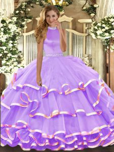 On Sale Lavender Sleeveless Beading and Ruffled Layers Floor Length Quinceanera Gowns