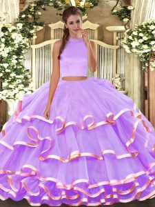 Eye-catching Lavender Two Pieces Beading and Ruffled Layers Quinceanera Dress Backless Organza Sleeveless Floor Length