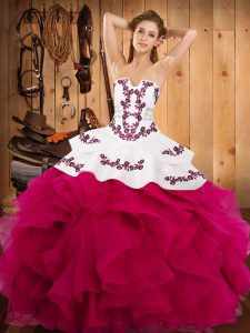 Satin and Organza Sleeveless Floor Length Quince Ball Gowns and Embroidery and Ruffles