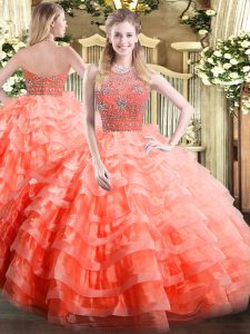 Beauteous Sleeveless Floor Length Beading and Ruffled Layers Zipper Ball Gown Prom Dress with Orange Red