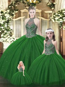 Dazzling Dark Green Ball Gowns Tulle Halter Top Sleeveless Beading Floor Length Lace Up Quinceanera Dress