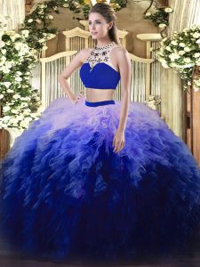 Smart Sleeveless Floor Length Beading and Ruffles Backless Ball Gown Prom Dress with Multi-color