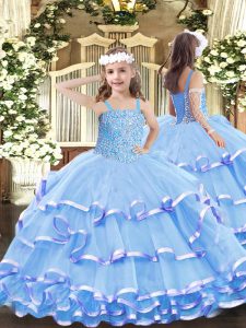 Exquisite Floor Length Aqua Blue Child Pageant Dress Straps Sleeveless Lace Up
