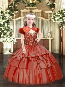 Coral Red Sleeveless Beading and Ruffled Layers Floor Length Pageant Dress for Teens