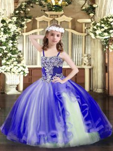 Discount Blue Ball Gowns Appliques Little Girl Pageant Gowns Lace Up Tulle Sleeveless Floor Length