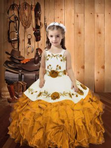 Sleeveless Floor Length Embroidery and Ruffles Zipper Little Girl Pageant Gowns with Gold