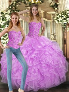 Lilac Tulle Lace Up 15th Birthday Dress Sleeveless Floor Length Beading and Ruffles