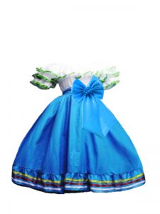 Custom Made Off The Shoulder Short Sleeves Kids Pageant Dress Floor Length Ruffled Layers and Bowknot Baby Blue Taffeta