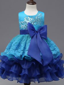 Royal Blue Sleeveless Tea Length Lace and Ruffled Layers and Bowknot Zipper Little Girls Pageant Gowns