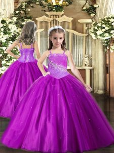 Top Selling Ball Gowns Little Girl Pageant Gowns Purple Straps Tulle Sleeveless Floor Length Lace Up