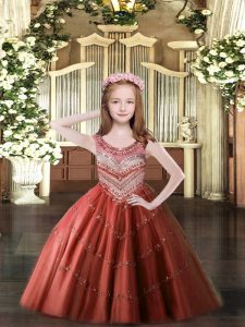 Latest Sleeveless Floor Length Beading Lace Up Little Girls Pageant Dress with Wine Red