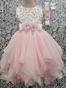 Asymmetrical Baby Pink Little Girls Pageant Dress Chiffon Sleeveless Beading and Hand Made Flower