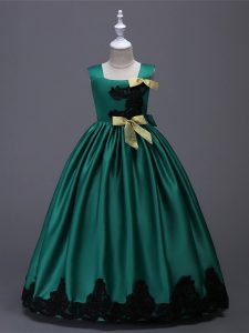 Gorgeous Dark Green Taffeta Zipper Glitz Pageant Dress Sleeveless Floor Length Appliques and Bowknot