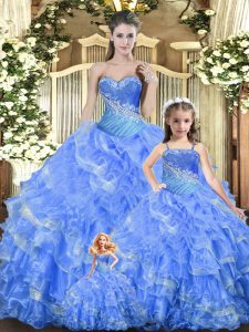Ideal Floor Length Baby Blue Quinceanera Dress Tulle Sleeveless Beading and Ruffles and Ruching