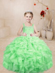Floor Length Apple Green Girls Pageant Dresses Organza Sleeveless Beading and Ruffles