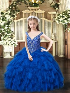 Ball Gowns Pageant Gowns For Girls Royal Blue V-neck Organza Sleeveless Floor Length Lace Up