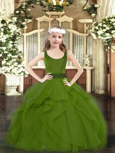 Tulle Sleeveless Floor Length Pageant Gowns For Girls and Beading and Ruffles