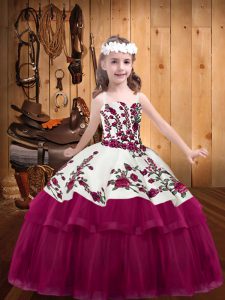 Fuchsia Ball Gowns Straps Sleeveless Organza Floor Length Lace Up Embroidery Kids Pageant Dress