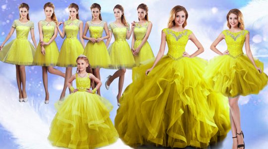 Yellow Ball Gowns Scoop Sleeveless Organza Floor Length Lace Up Beading and Ruffles Sweet 16 Dress