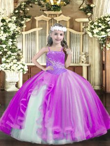 Fuchsia Ball Gowns Straps Sleeveless Tulle Floor Length Lace Up Beading Glitz Pageant Dress
