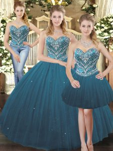 Teal Sleeveless Beading Floor Length Quinceanera Gowns