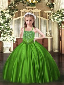 Custom Designed Green Ball Gowns Satin Straps Sleeveless Beading Floor Length Lace Up Kids Formal Wear
