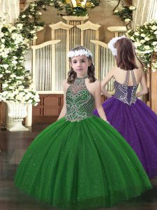 Floor Length Dark Green Little Girls Pageant Gowns Tulle Sleeveless Beading