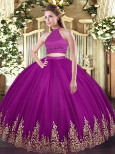 Flare Tulle Halter Top Sleeveless Backless Beading and Appliques 15 Quinceanera Dress in Fuchsia