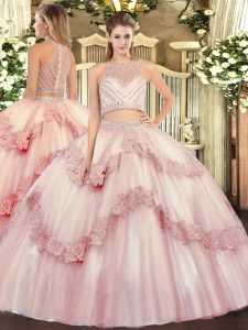 Latest Baby Pink Two Pieces Tulle Scoop Sleeveless Beading and Appliques Floor Length Zipper Vestidos de Quinceanera