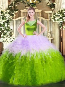 Sweet Scoop Sleeveless Quinceanera Dress Floor Length Beading and Ruffles Multi-color Tulle