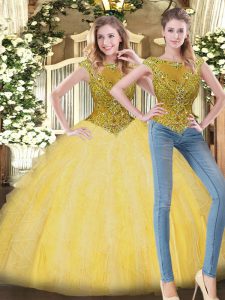Yellow Zipper Scoop Beading and Ruffles Quinceanera Gowns Tulle Sleeveless