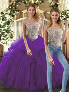 Floor Length Two Pieces Sleeveless Purple Sweet 16 Quinceanera Dress Lace Up