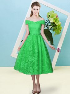 Green Empire Off The Shoulder Cap Sleeves Lace Tea Length Lace Up Bowknot Dama Dress for Quinceanera
