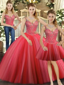 Sleeveless Tulle Floor Length Lace Up Ball Gown Prom Dress in Coral Red with Beading