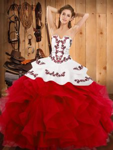 Discount Satin and Organza Strapless Sleeveless Lace Up Embroidery and Ruffles Quinceanera Dress in White And Red
