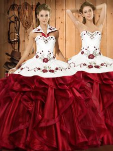 Most Popular Wine Red Ball Gowns Organza Halter Top Sleeveless Embroidery and Ruffles Floor Length Lace Up Quinceanera Gowns