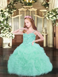 Apple Green Ball Gowns Organza Spaghetti Straps Sleeveless Beading and Ruffles and Pick Ups Floor Length Lace Up Child Pageant Dress