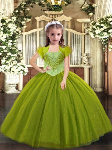 Olive Green Ball Gowns Beading High School Pageant Dress Lace Up Tulle Sleeveless Floor Length