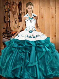Sleeveless Floor Length Embroidery and Ruffles Lace Up Quince Ball Gowns with Teal