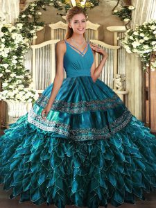 Blue Backless Ball Gown Prom Dress Ruffles Sleeveless Floor Length