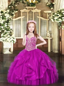 Sleeveless Floor Length Beading and Ruffles Lace Up Pageant Dress for Womens with Fuchsia