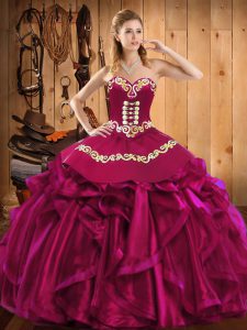 Noble Fuchsia Quinceanera Dresses Military Ball and Sweet 16 and Quinceanera with Embroidery and Ruffles Sweetheart Sleeveless Lace Up