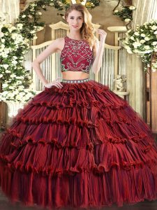 Colorful Burgundy High-neck Neckline Beading and Ruffled Layers Quinceanera Dresses Sleeveless Zipper